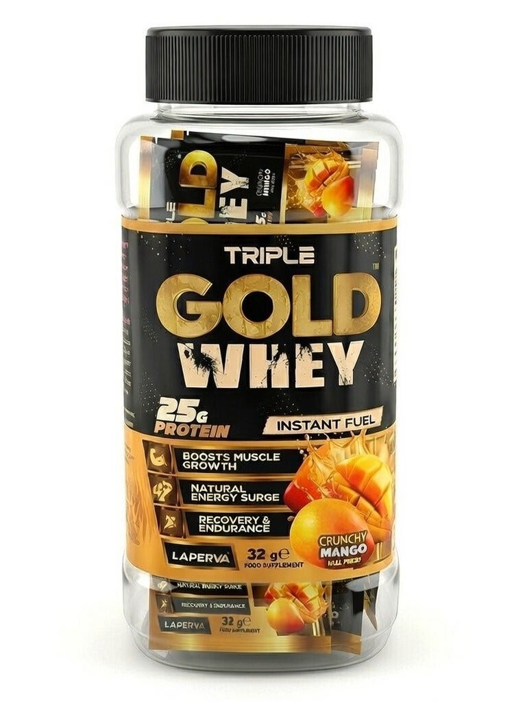 Laperva Triple Gold Whey Protein Powder, Crunchy Mango Flavor - 25g Protein, Real Fruit Pieces, Muscle Recovery and Growth Supplement,32 Gm,1 Serving - Image 1